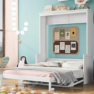 Queen Size Murphy Bed with Headboard and A Shelf, Wooden Slat Support, for Kids, Teens, Adults, No Box Spring Needed, White | Amazon price tracker / tracking, Amazon price history charts, Amazon price watches, Amazon price drop alerts